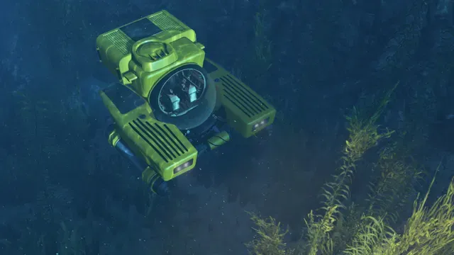 Official Rockstar image of the Kraken submarine, a lime green mini sub with a glass dome, gliding over a kelp covered seabed