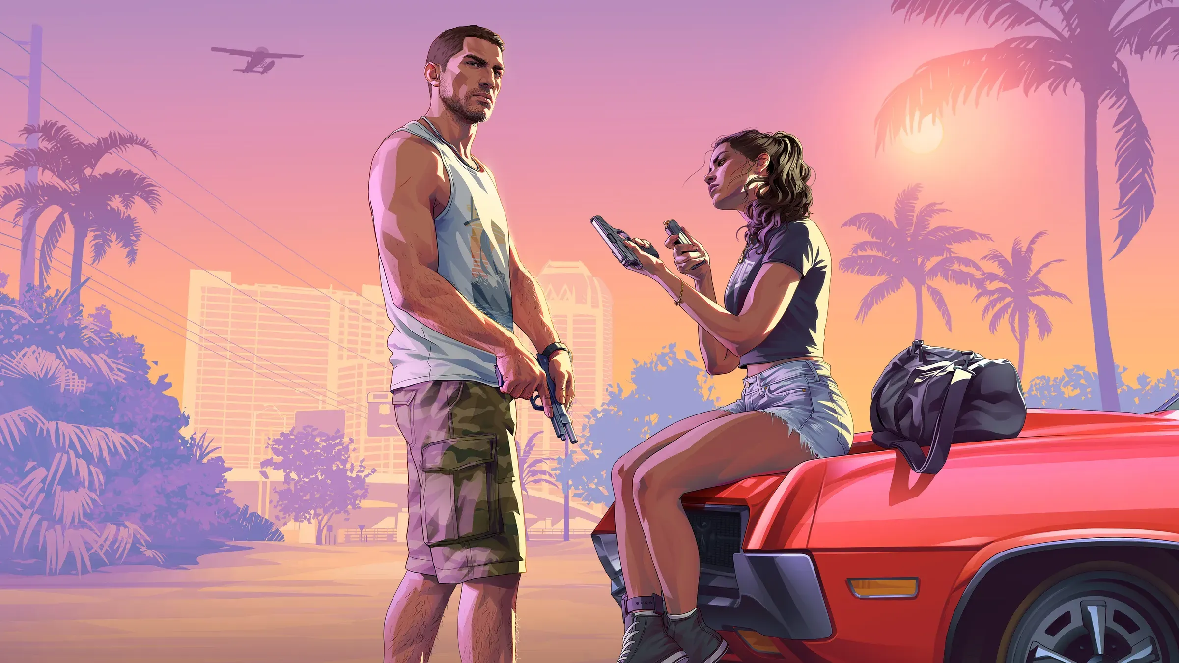 Official artwork: Jason with a pistol and Lucia on a red muscle car under palm trees