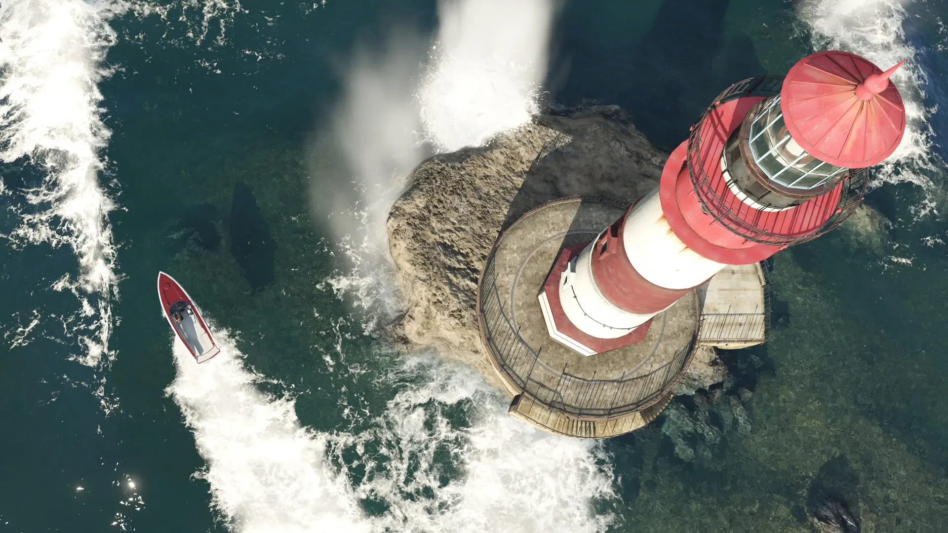 Overhead view of a red and white lighthouse on a rock, with a speedboat cutting through the surf