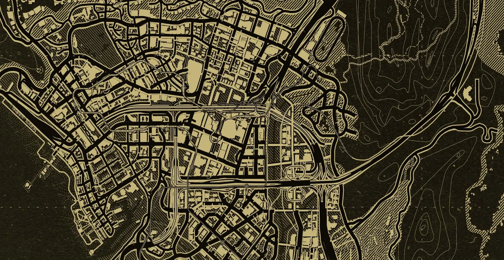Stylised gold line drawing of the Los Santos street map on a dark background