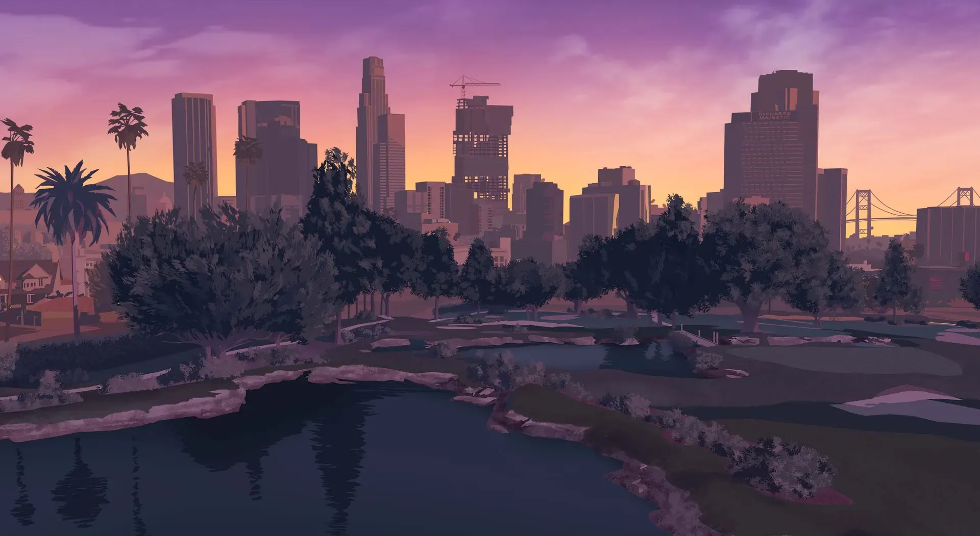 Los Santos skyline at dusk under a purple sky, with palm trees and a small lake in the foreground