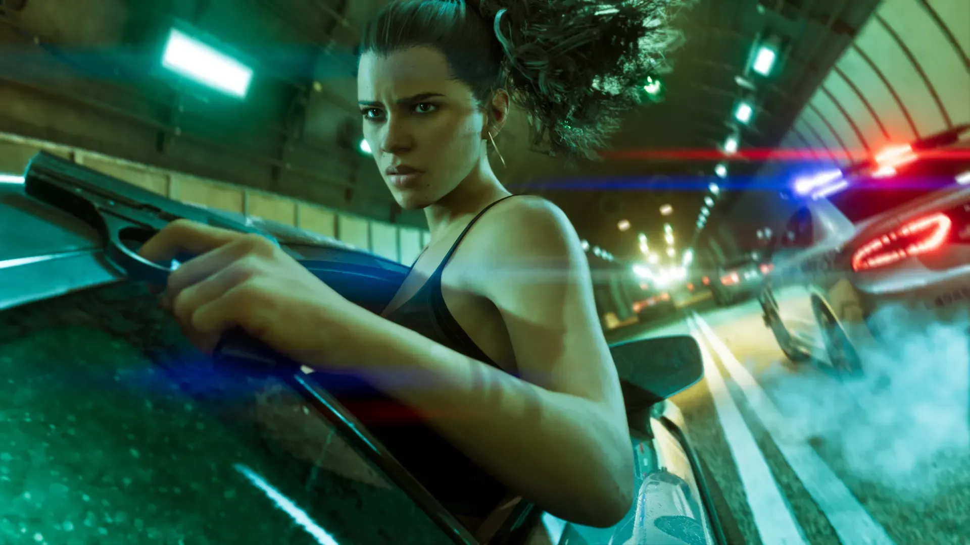 Lucia leaning out of a car window in a tunnel during a police chase.