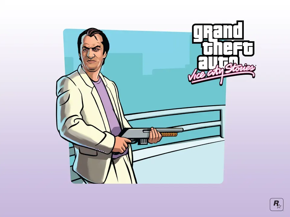 Man with shotgun, coloured background, official GTA Vice City Stories wallpaper