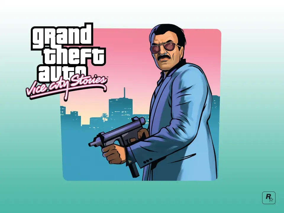 Man with submachine gun, coloured background, official GTA Vice City Stories wallpaper