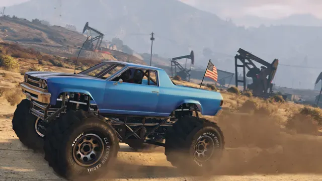 Official Rockstar image of the Cheval Marshall, a blue monster truck flying an American flag, tearing through dirt past oil pumps
