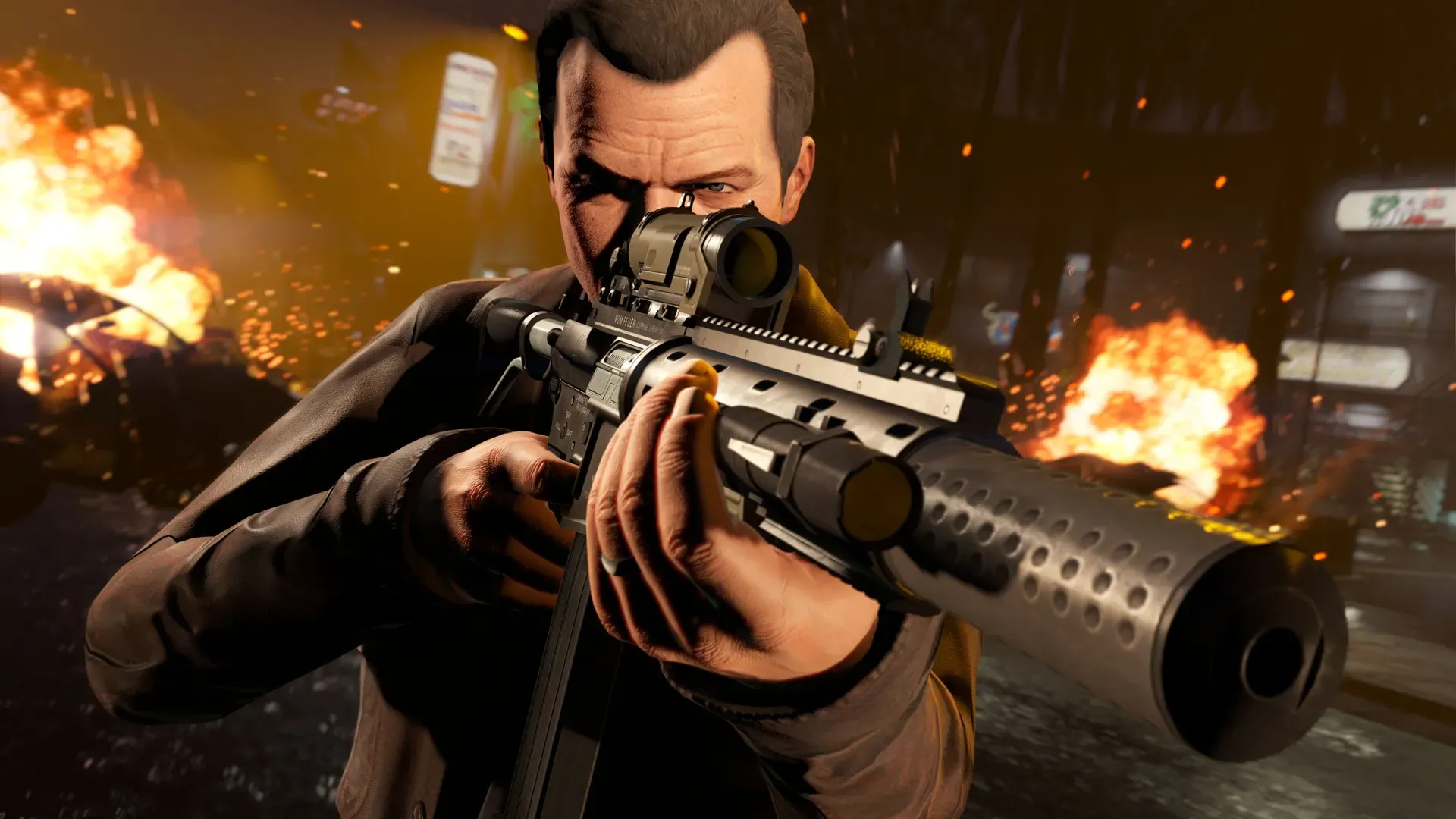 Michael aims a suppressed rifle toward the camera as explosions burst behind him at night