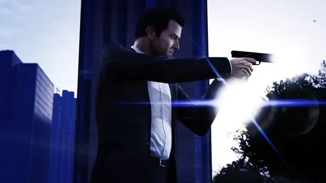 Michael in a dark suit fires a pistol beside blue glass towers