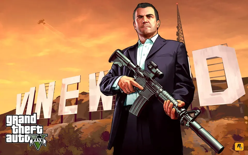 Michael at the Vinewood sign, official GTA Story mode wallpaper