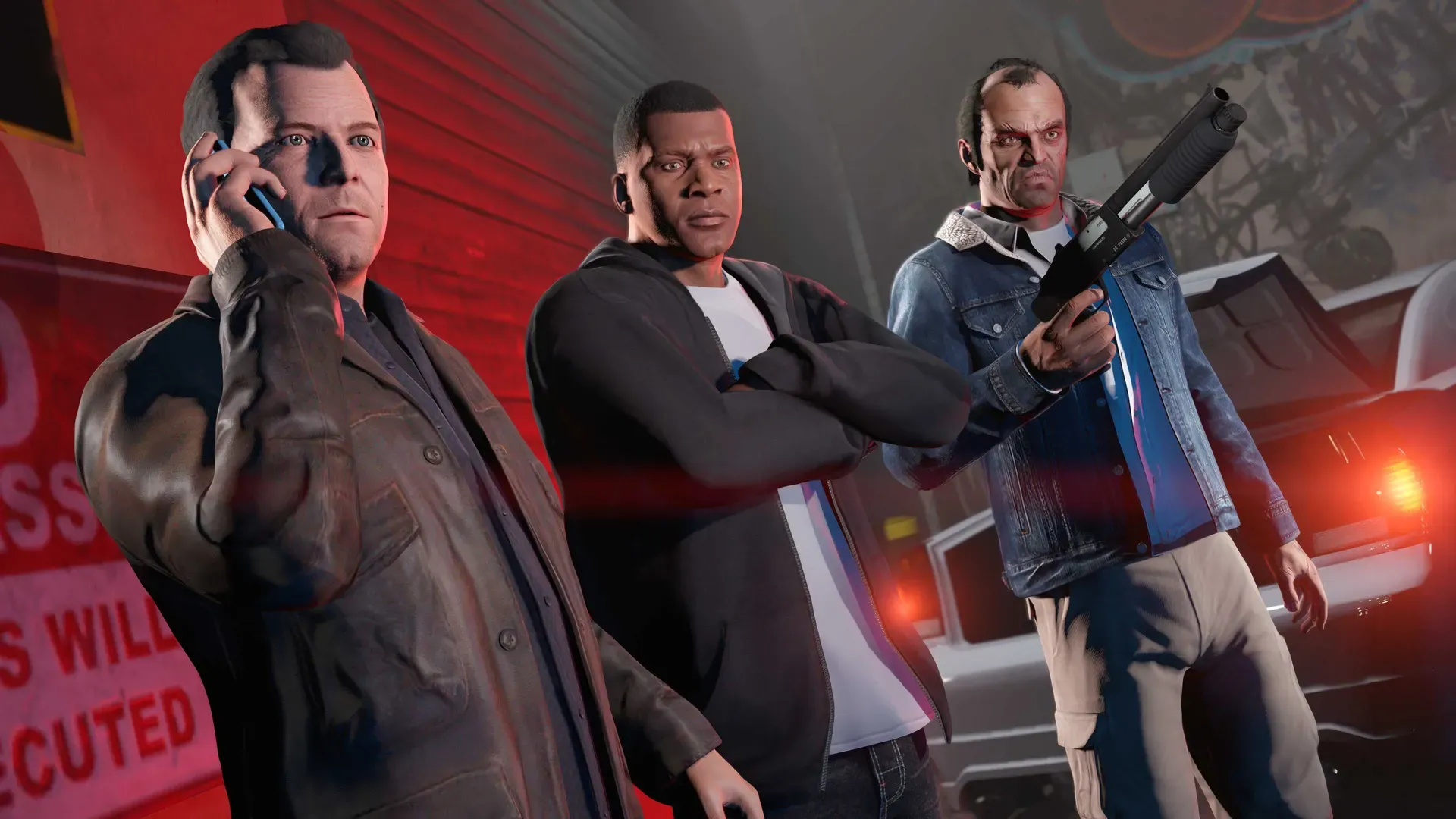 Michael on the phone, Franklin with folded arms and Trevor holding a shotgun stand together by a truck