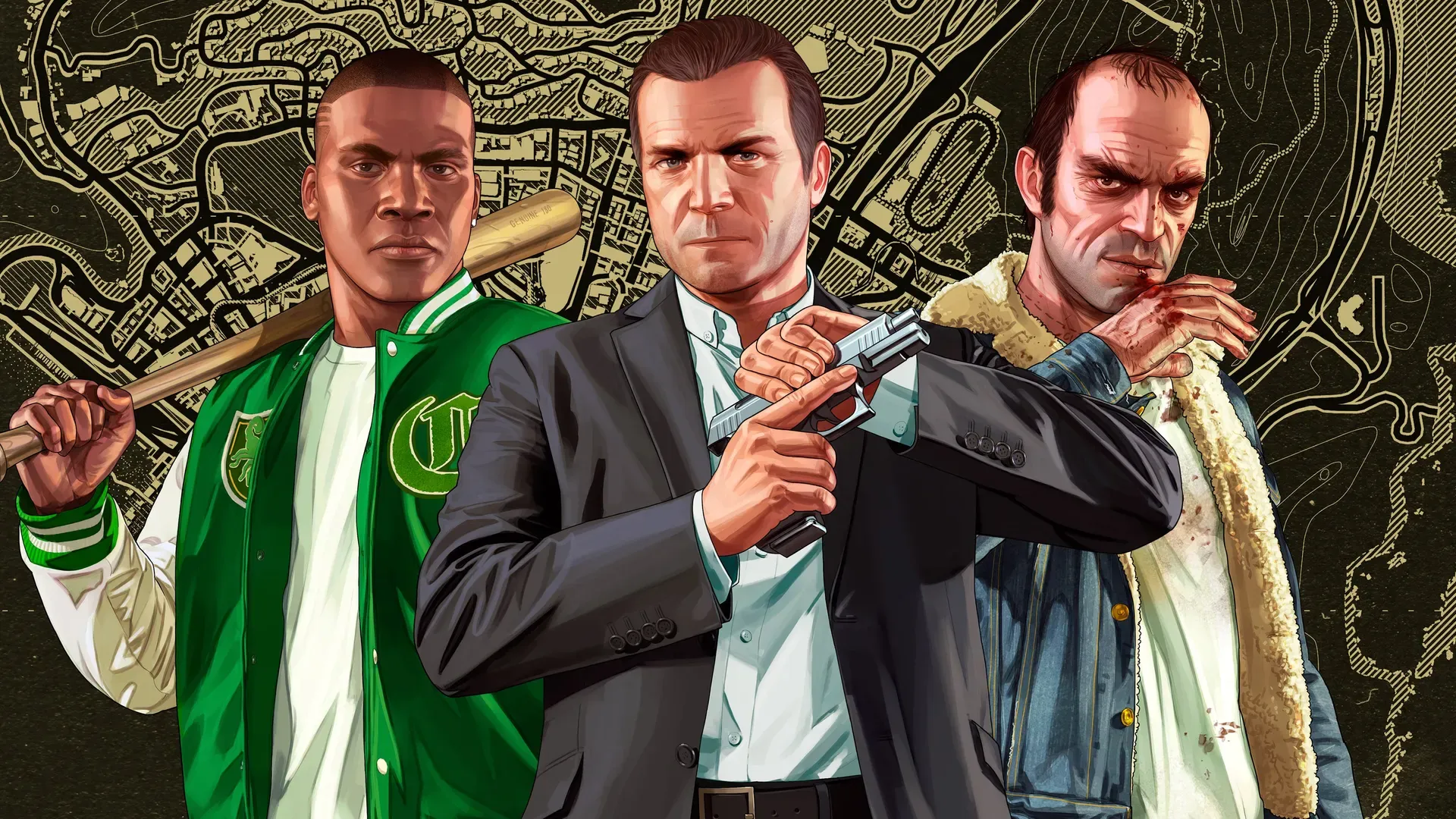 Official artwork of Franklin with a baseball bat, Michael with a pistol and Trevor, over a gold street map