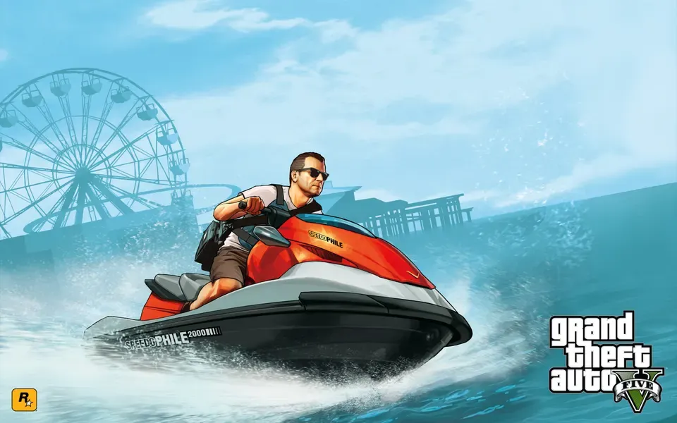 Michael on a jet ski, official GTA Story mode wallpaper