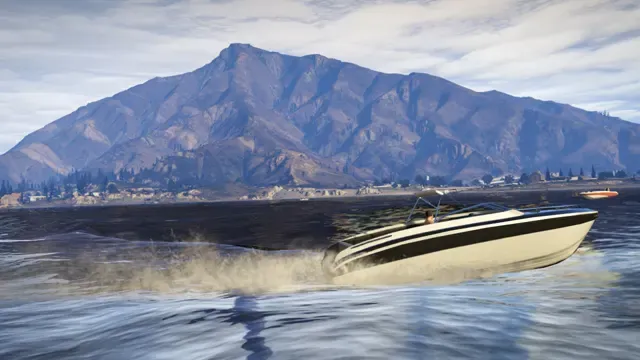 A speedboat skims across the water in front of Mount Chiliad