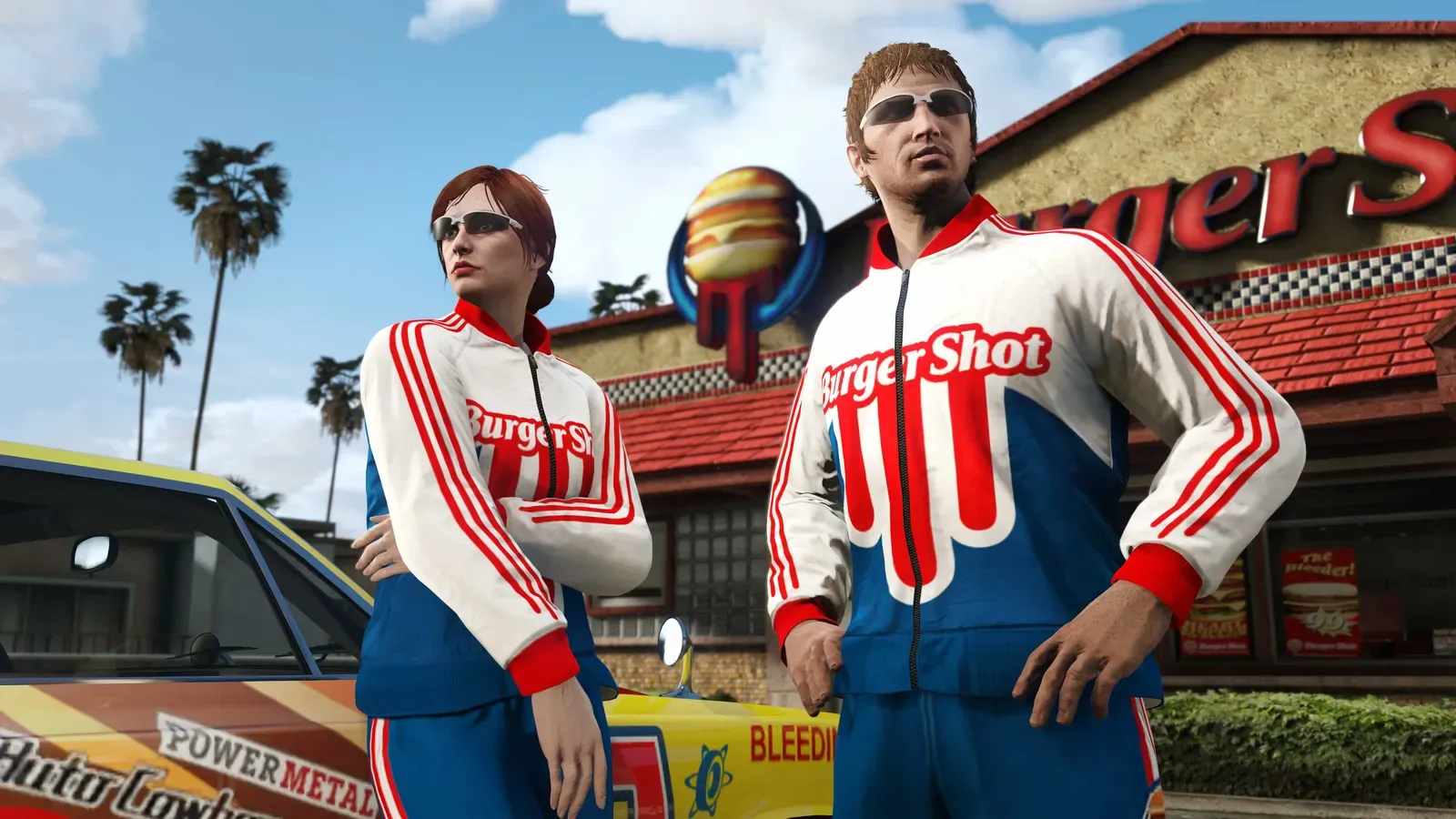 Two characters in Burger Shot tracksuits standing in front of a Burger Shot restaurant