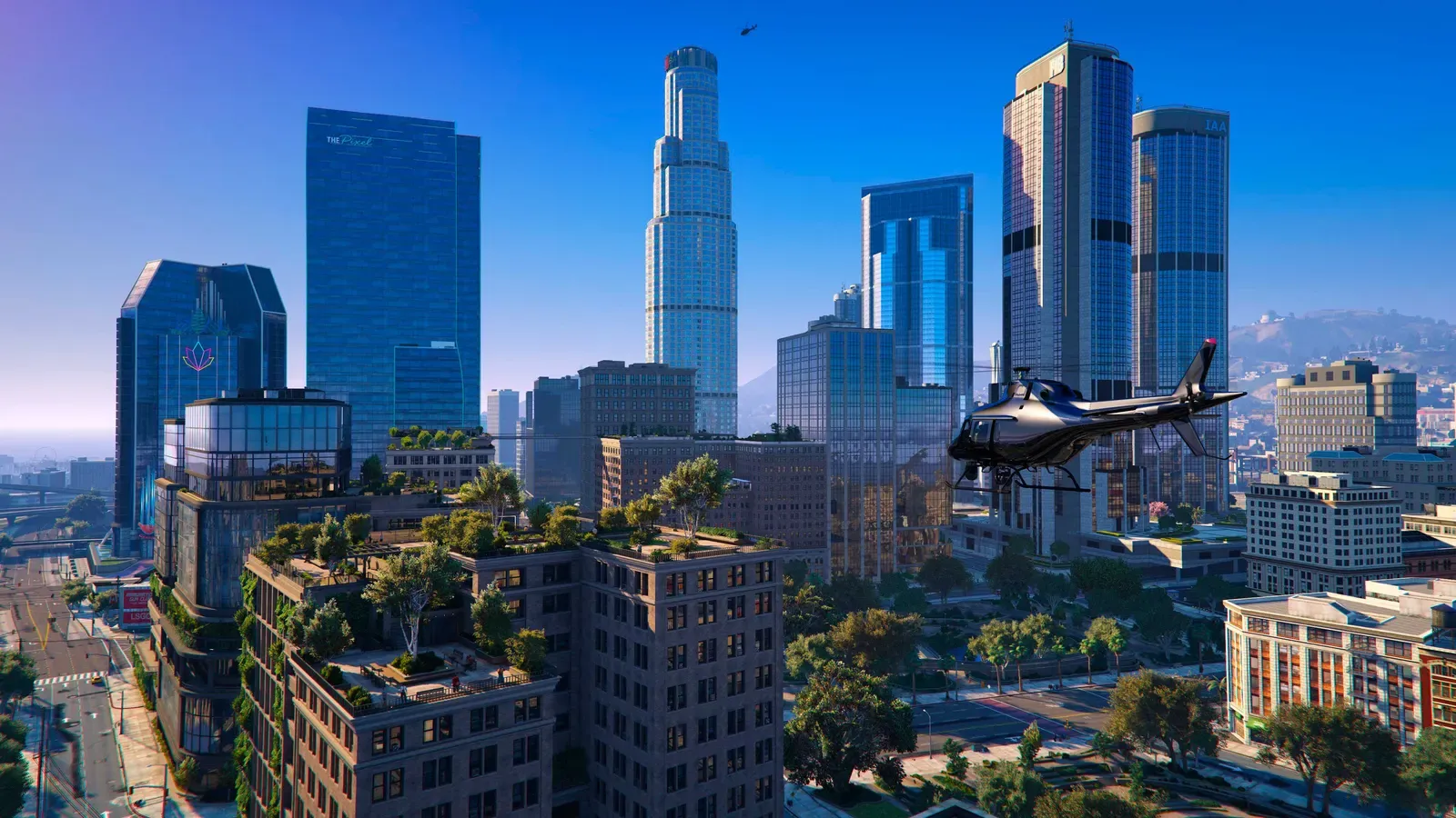 A helicopter flying over the skyscrapers of downtown Los Santos on a clear day