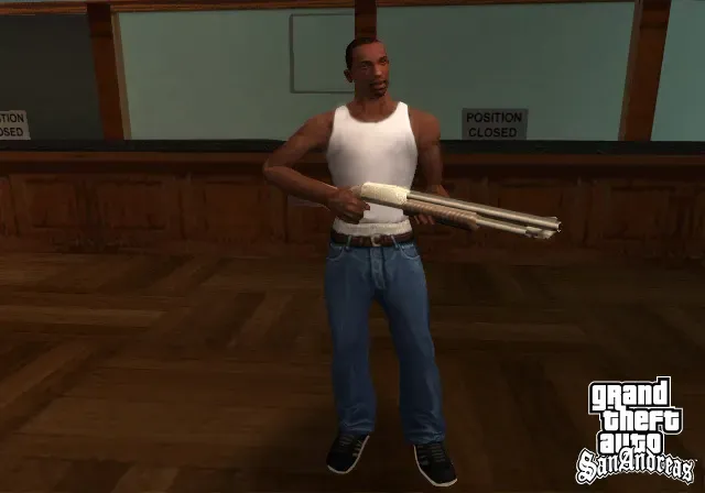 Original game: CJ holds a shotgun inside the Palomino Creek bank, its teller windows marked position closed