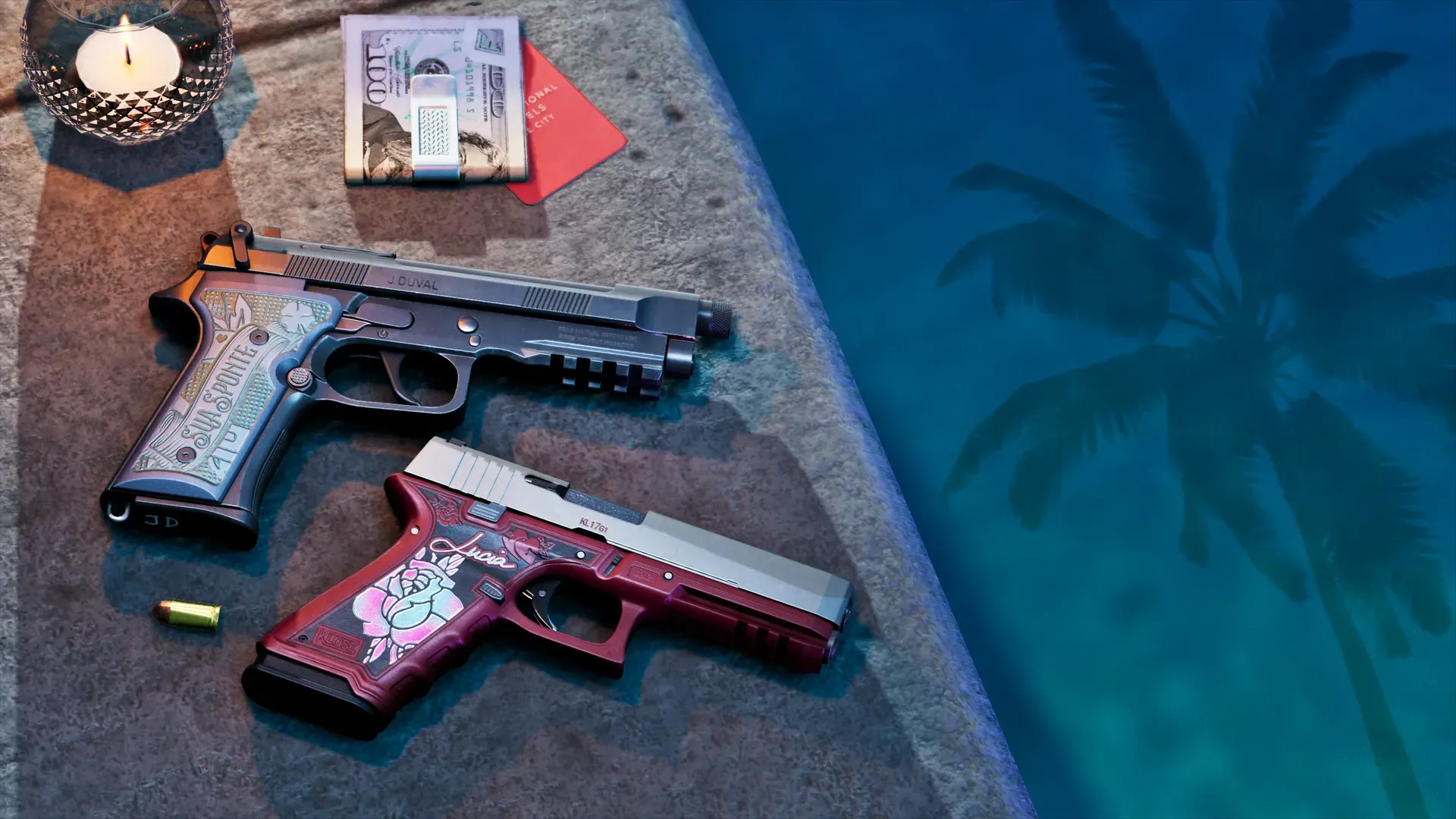 The personalized variants of Jason's Girardi ES9 pistol and Lucia's Klose K17 pistol near the ledge of a swimming pool reflecting palm trees, next to a clip of money and a lit candle.