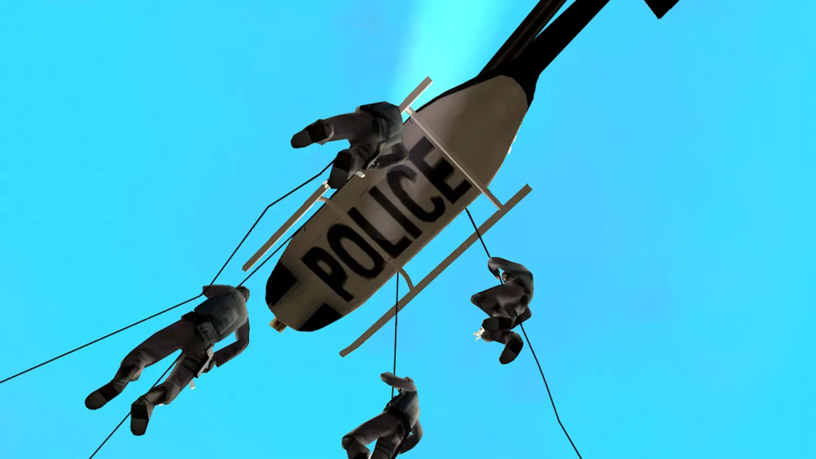 Original game, 2013 mobile release: armed officers rappel on ropes from a police helicopter against a bright blue sky