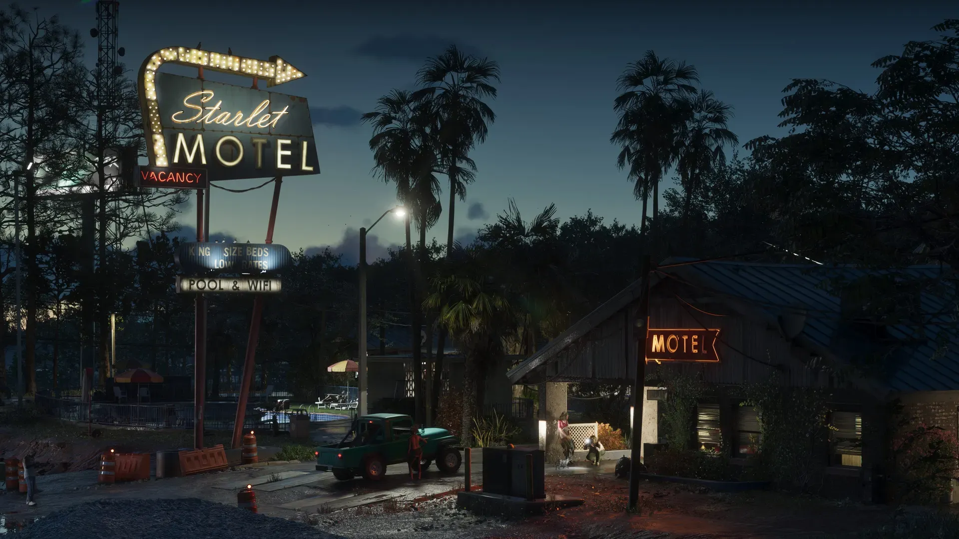The neon Starlet Motel sign at night in Port Gellhorn