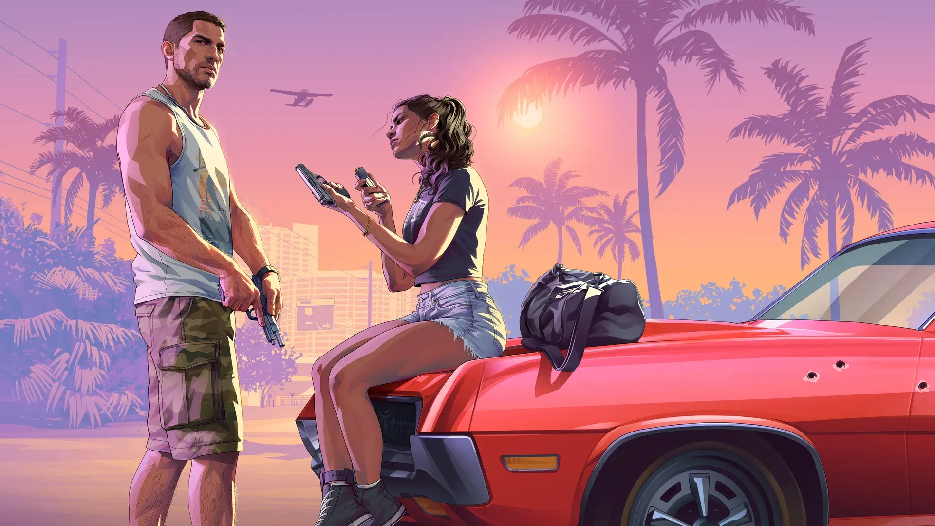 Official GTA 6 artwork: Jason with two pistols and Lucia sitting on a red muscle car