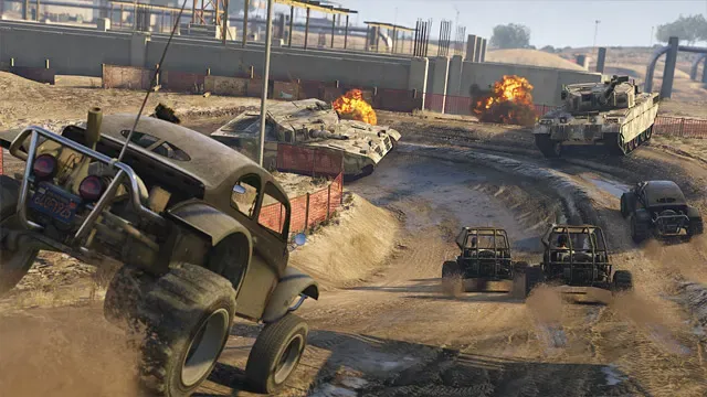 Official Rockstar image of two Rhino tanks rolling across a dirt basin as dune buggies and off road trucks circle them