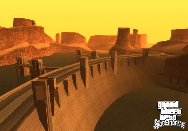 Original game: the curved wall of the Sherman Dam stretches between red rock cliffs under a yellow desert sky