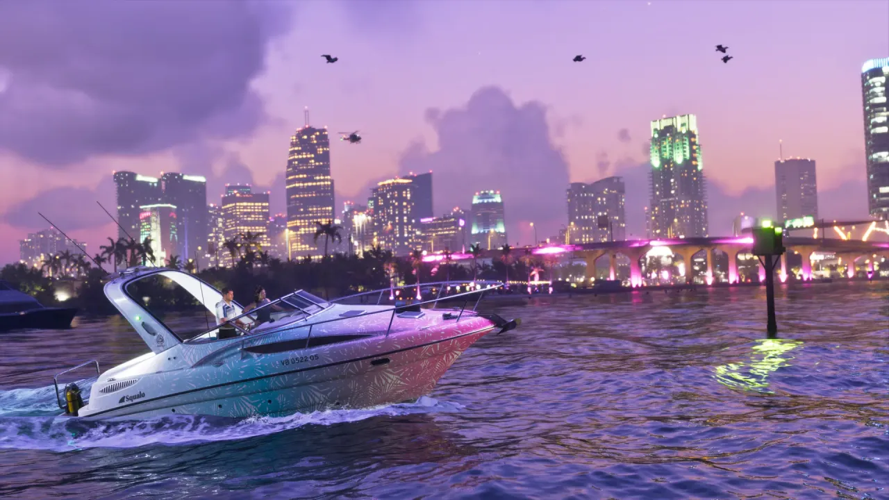 Pink and blue Shitzu Squalo speeding across the bay with the Vice City skyline at night