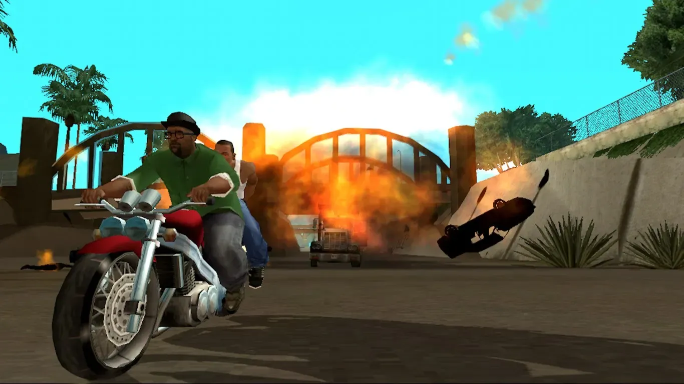 Original game, 2013 mobile release (Windows): two men ride a red motorcycle along a concrete storm drain as a truck bursts through flames behind them