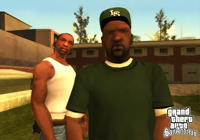 Original game: Sweet, in a green T shirt and LS cap, stands beside CJ in front of a brick building in Ganton