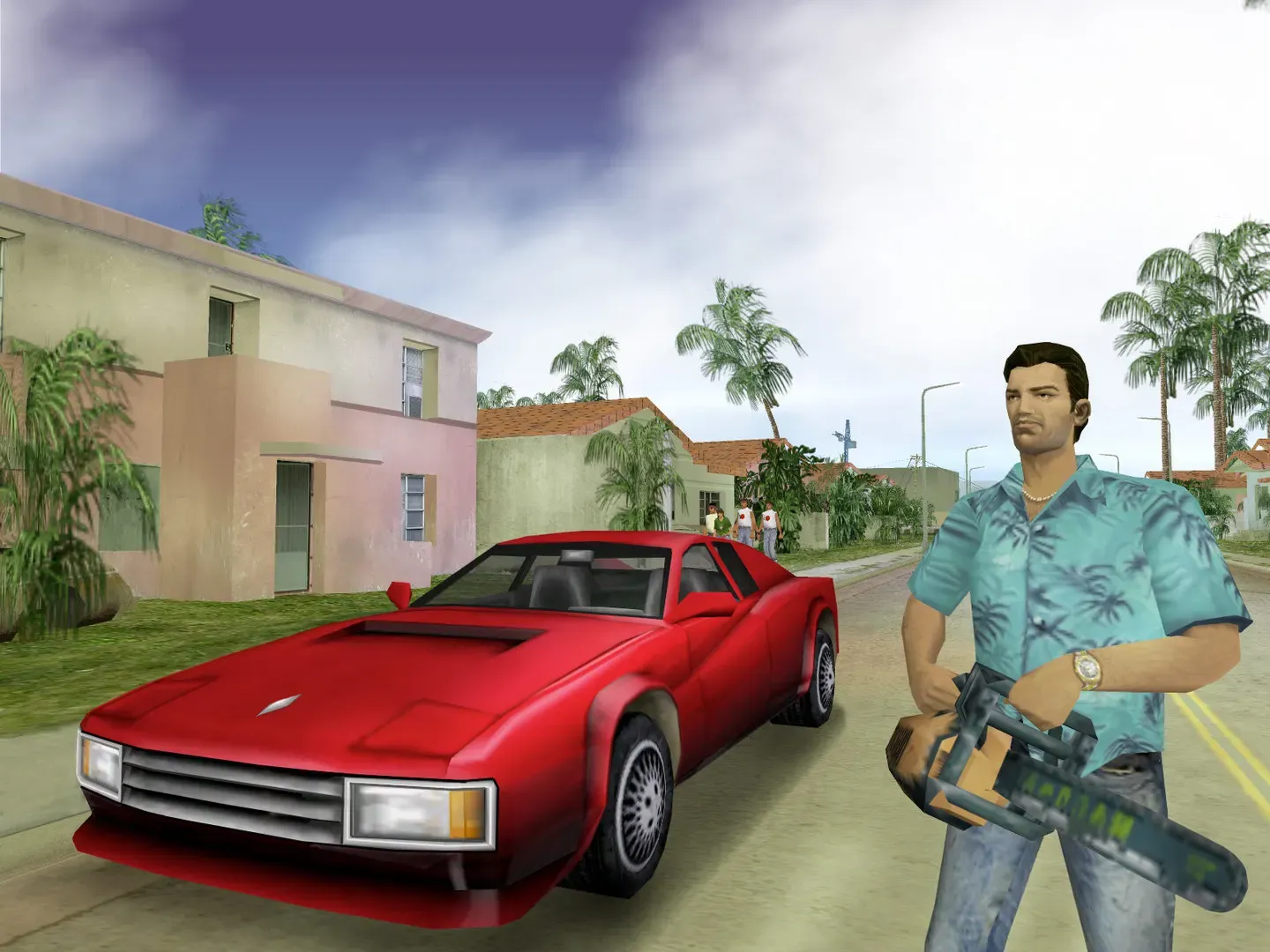 Tommy holds a chainsaw beside a red sports car on a quiet street of pastel houses and palm trees