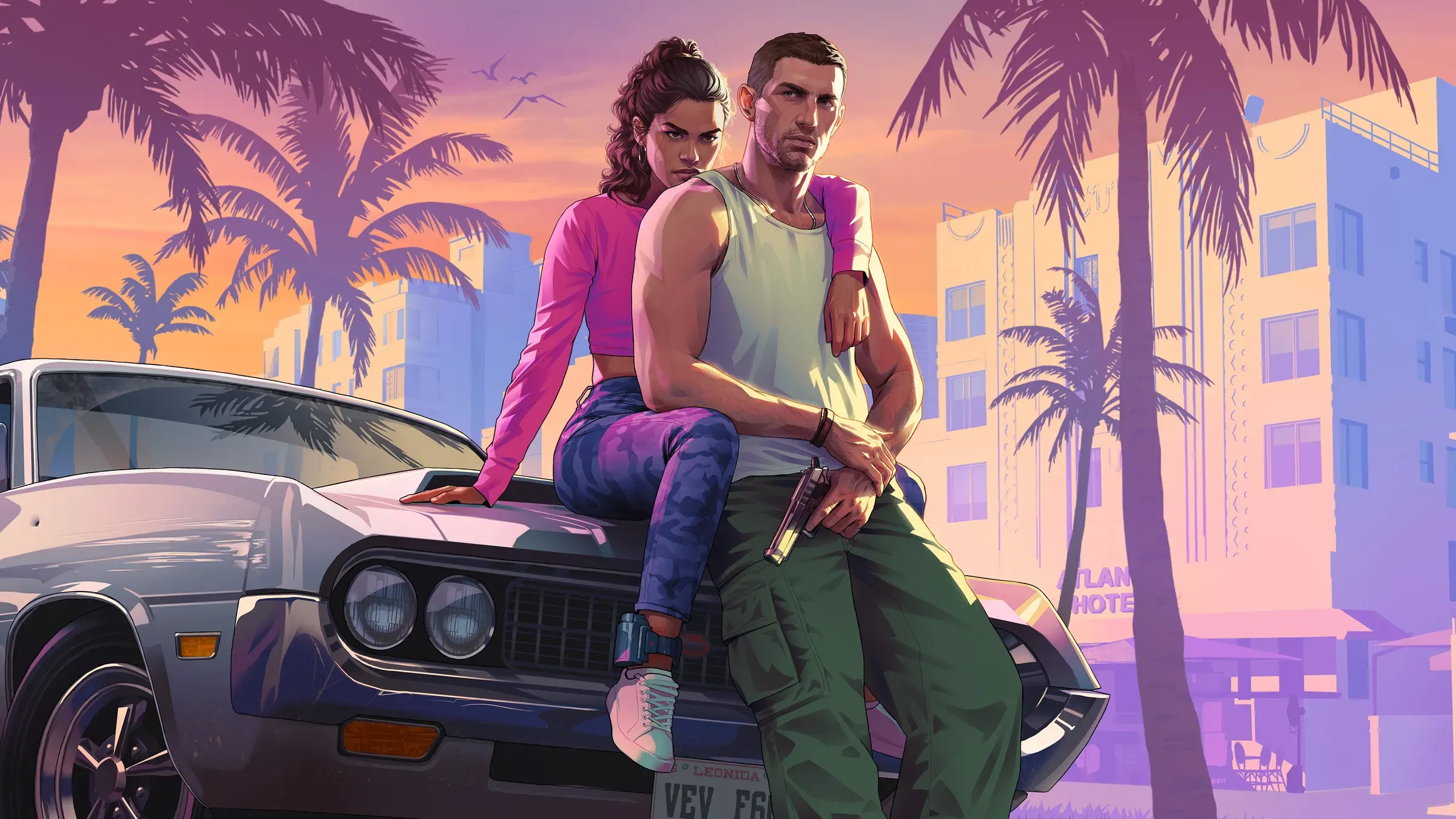 Official artwork: Jason and Lucia sitting on a silver muscle car in Vice City
