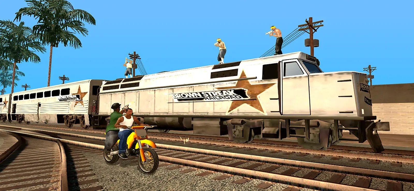 Original game, 2013 mobile release: CJ and a passenger ride a yellow dirt bike beside a freight train with gunmen standing on its roof