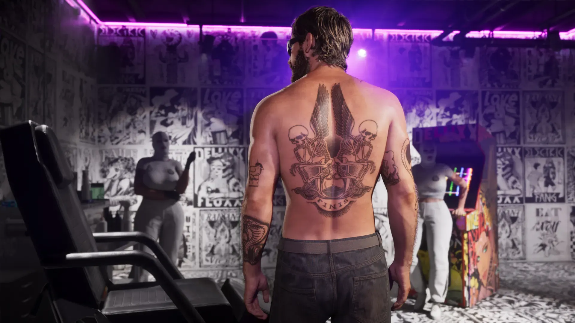 A large tattoo covers most of Jason's back as two tattoo artists in white ski masks look at him - one in front of an arcade cabinet.
