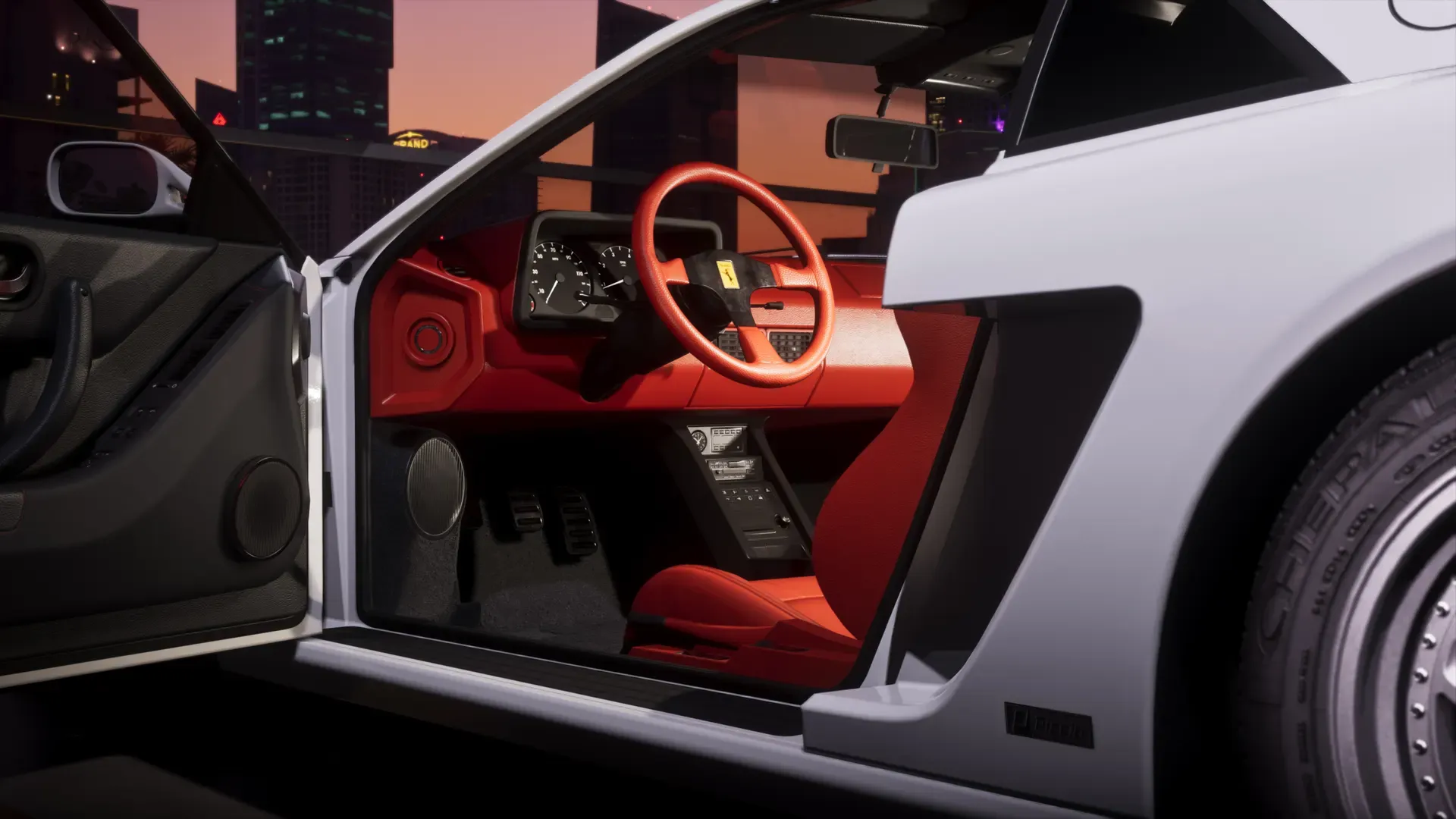 Details of a red interior of a white Grotti Cheetah with a minimalist, retro-futuristic livery.