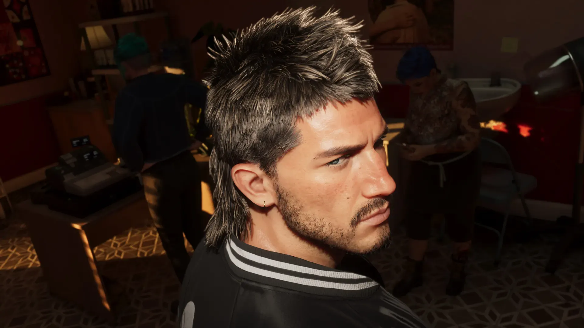 Jason looking over his shoulder, sporting a mullet haircut from Sara's Unisex Salon.