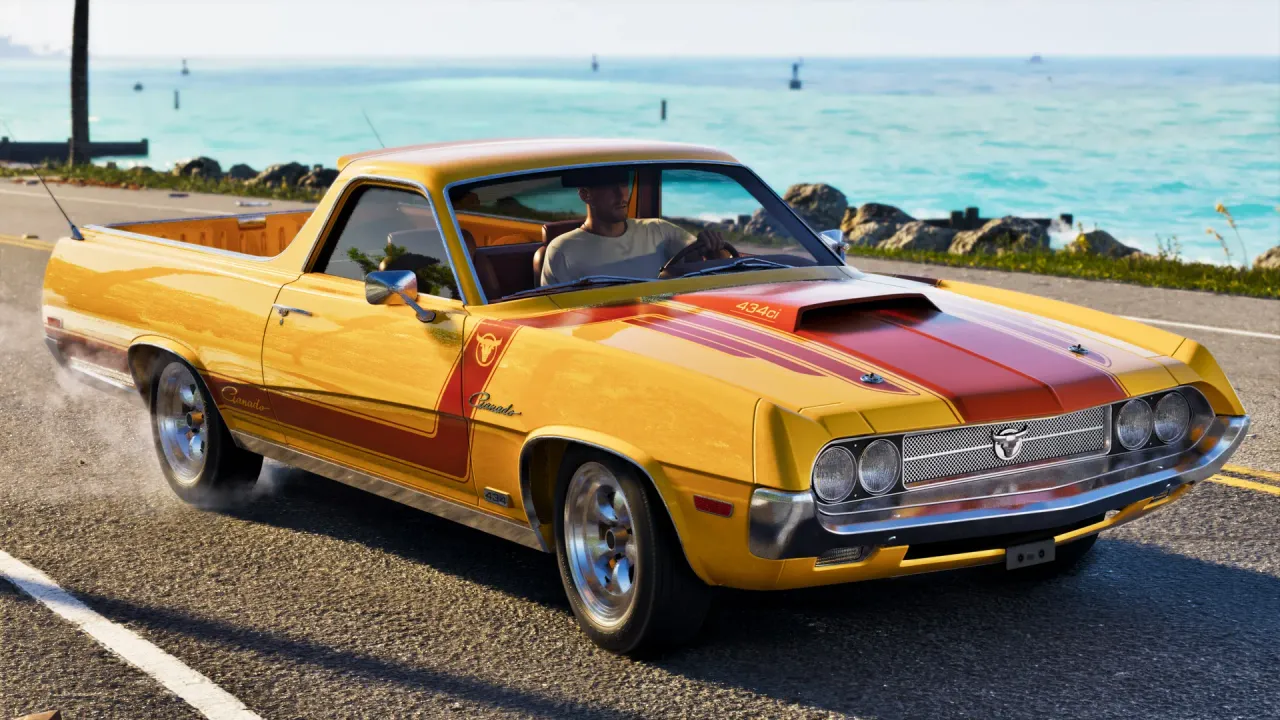 Jason driving his yellow Vapid Ganado with a red stripe along a coastal road