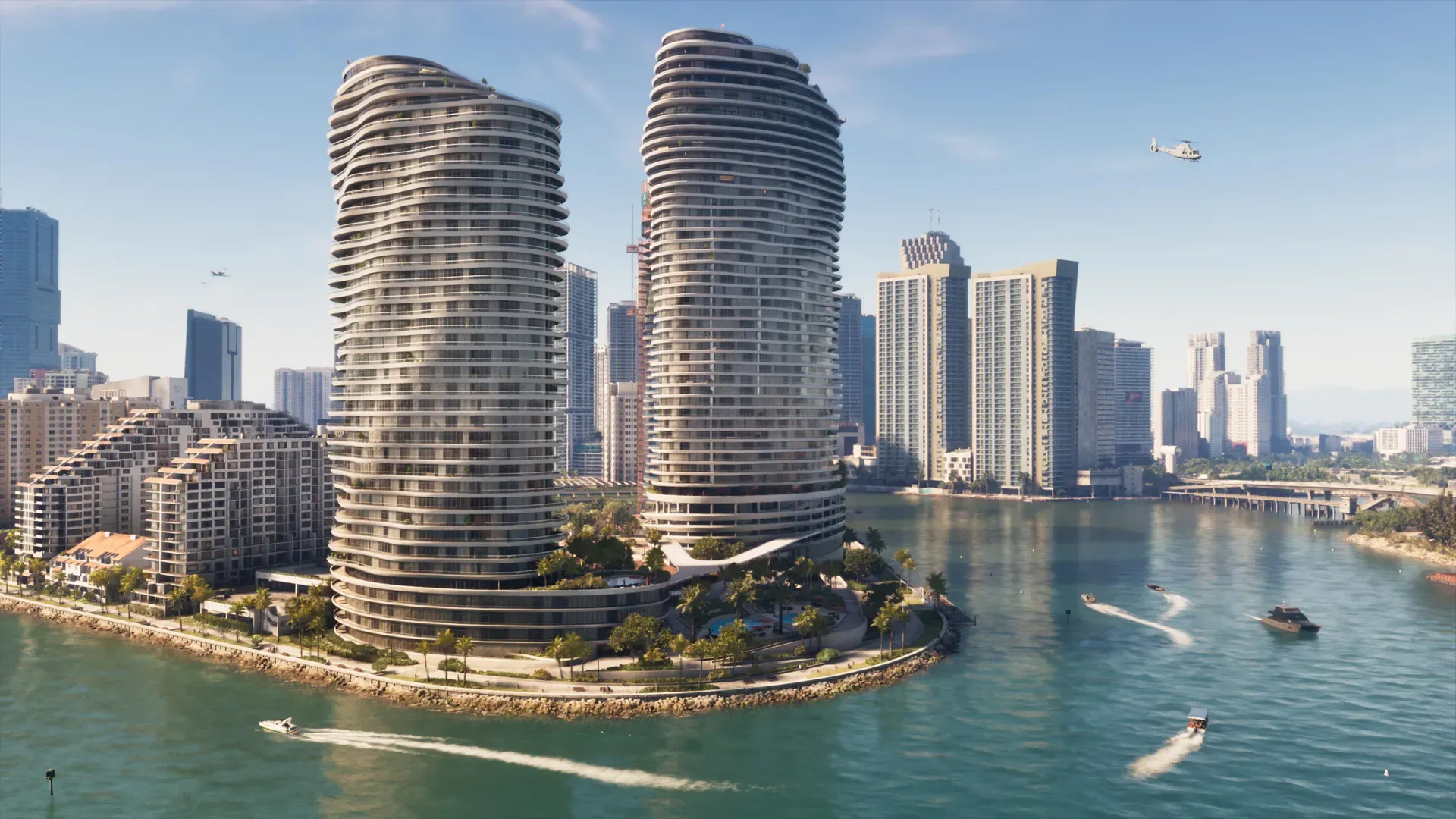 Two curved residential towers on the Vice City waterfront, with boats on the bay.