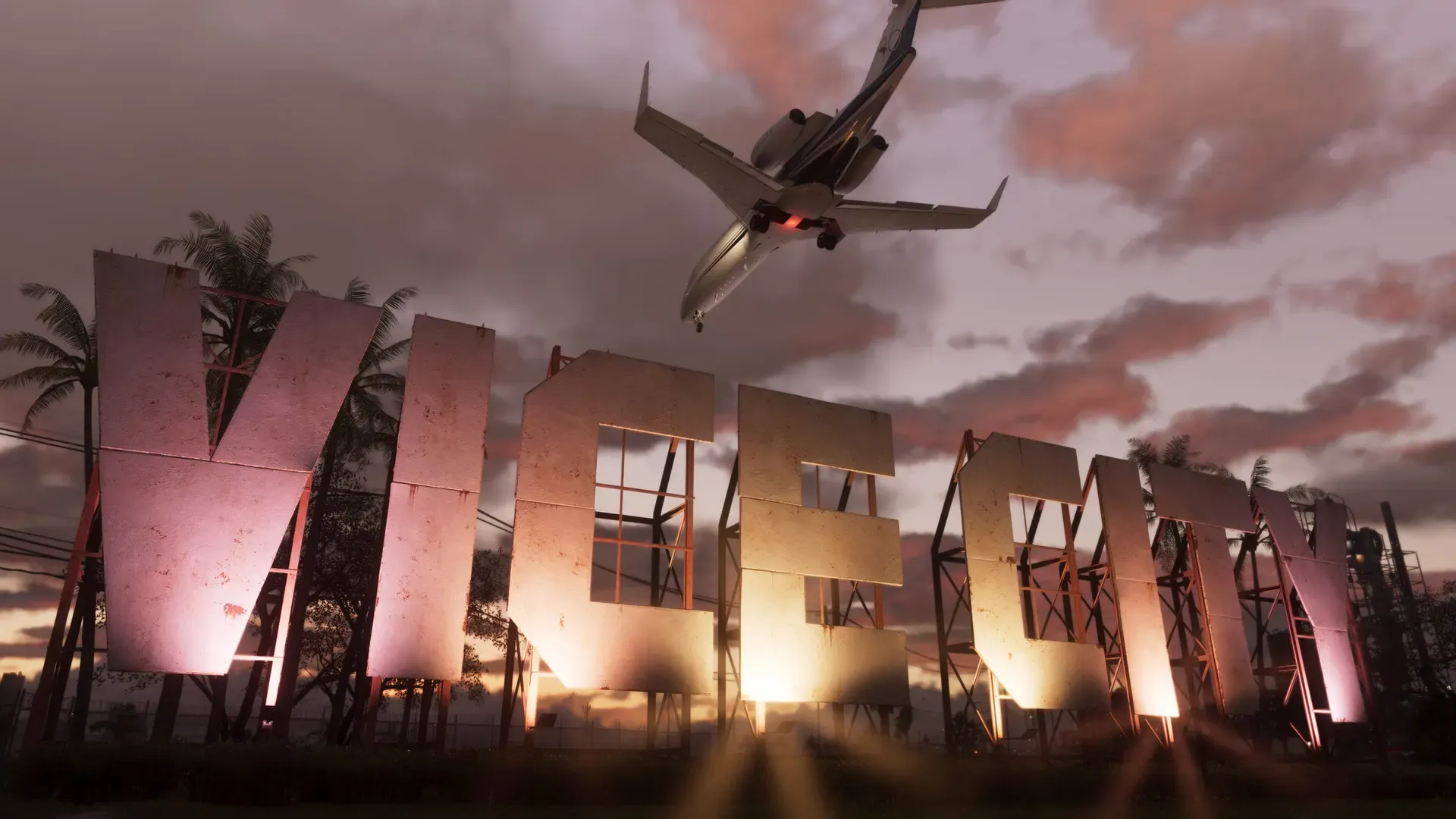 Giant Vice City sign at dusk with a jet overhead