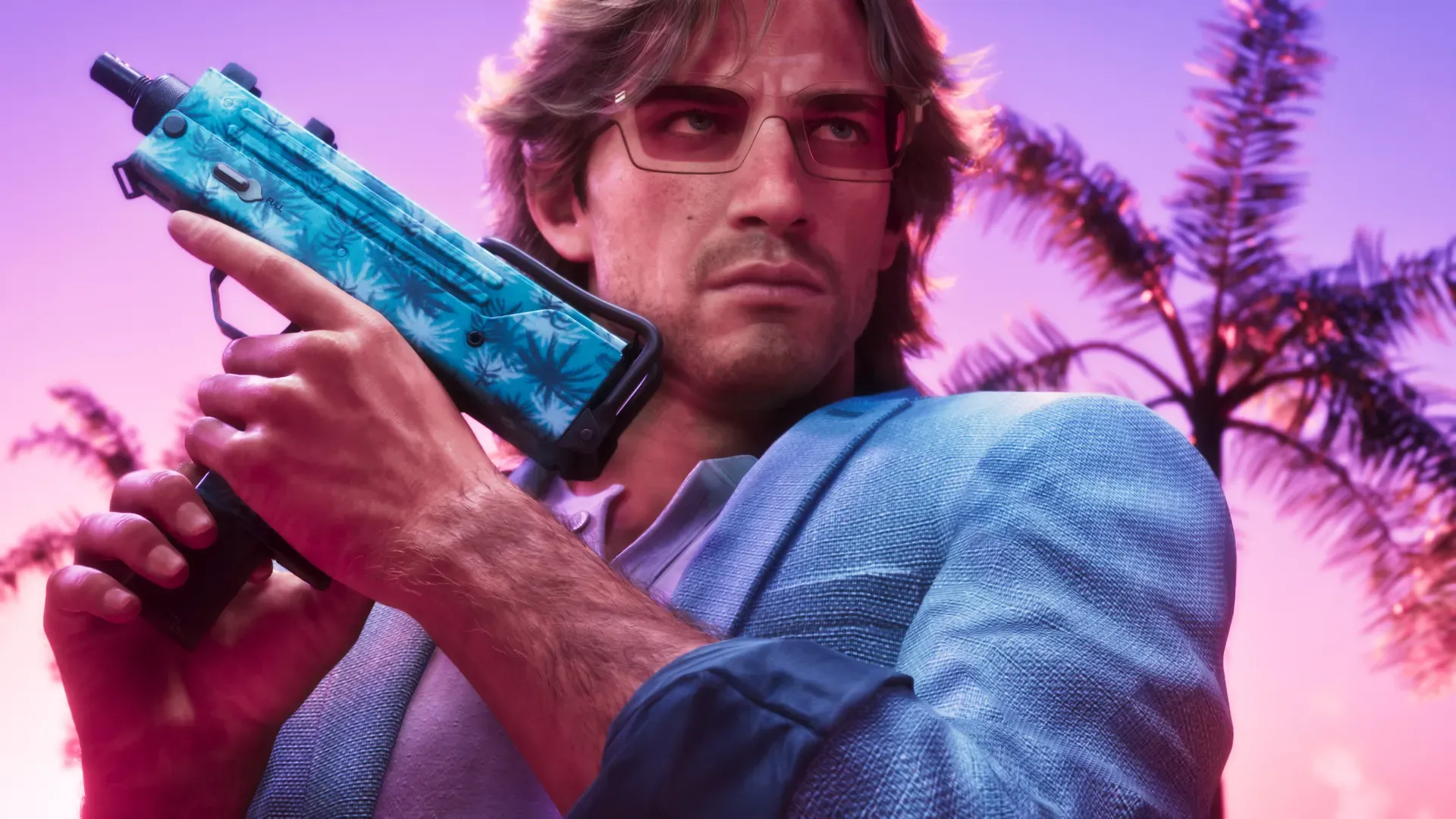Jason holding a submachine gun that is covered in a tropical weapon pattern.