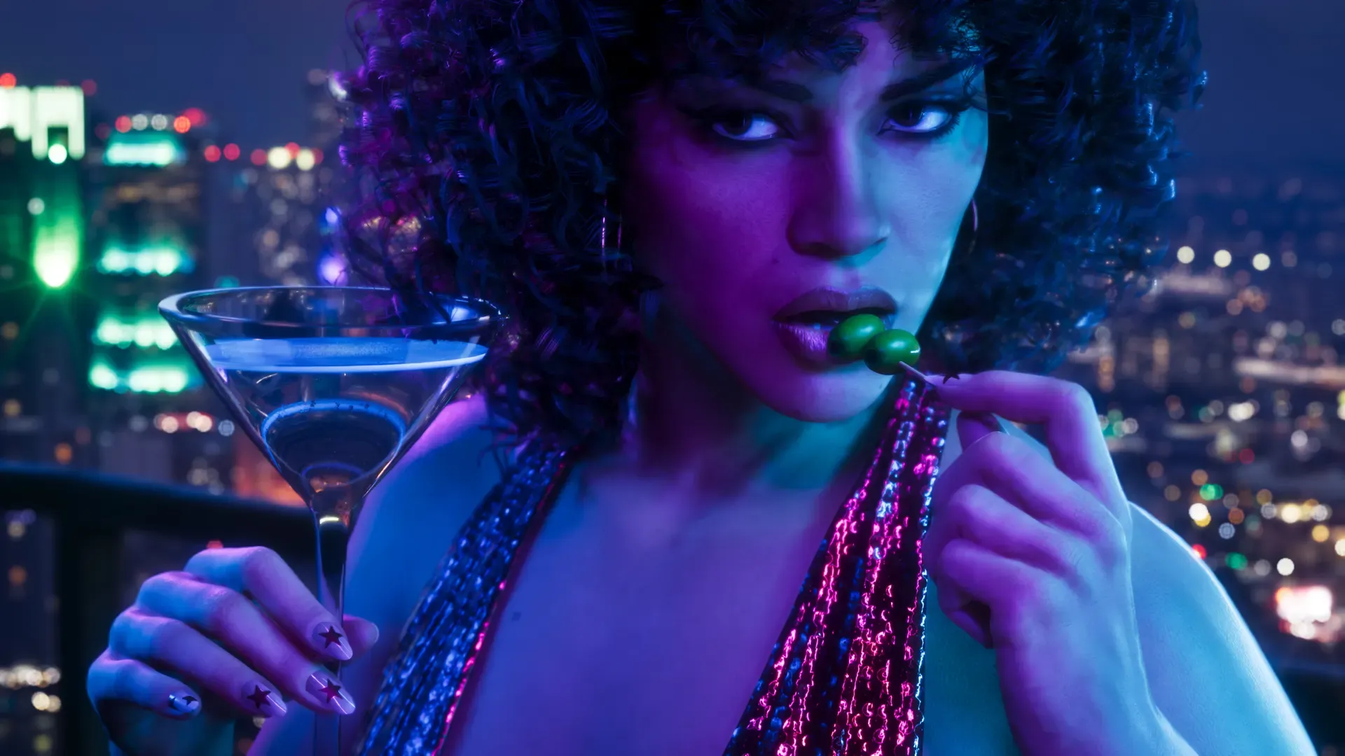 Lucia holding a cocktail skewer with two olives at her lips in one hand, and a martini glass in the other.