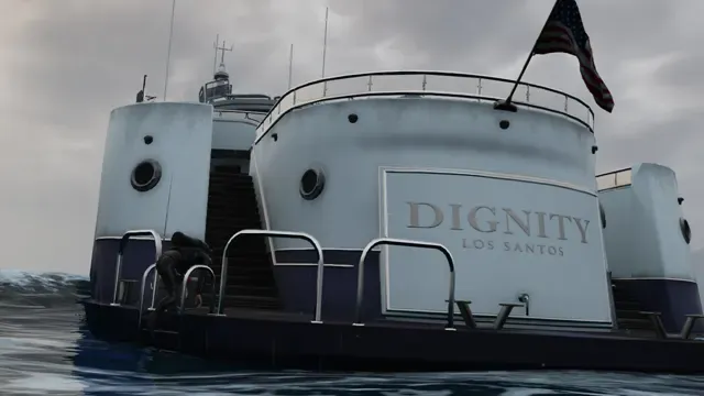 The stern of a large white yacht named Dignity, Los Santos, as someone climbs aboard from the water